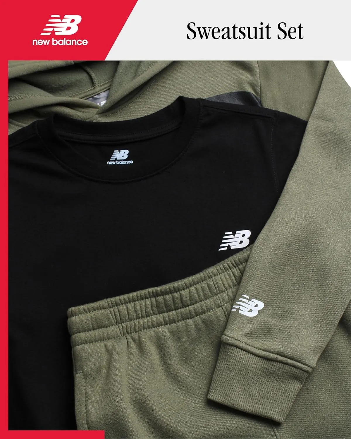 New Balance Boys' Sweatsuit Set - 3 Piece Short Sleeve T-Shirt, Fleece Hoodie Sweatshirt, and Sweatpants (2T-16)
