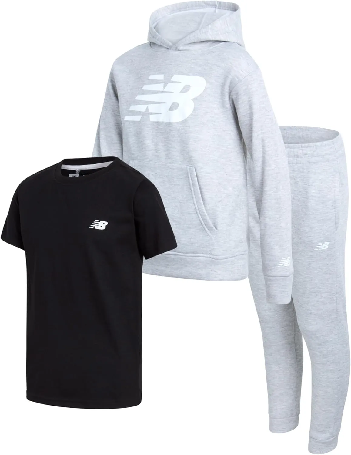 New Balance Boys' Sweatsuit Set - 3 Piece Short Sleeve T-Shirt, Fleece Hoodie Sweatshirt, and Sweatpants (2T-16)