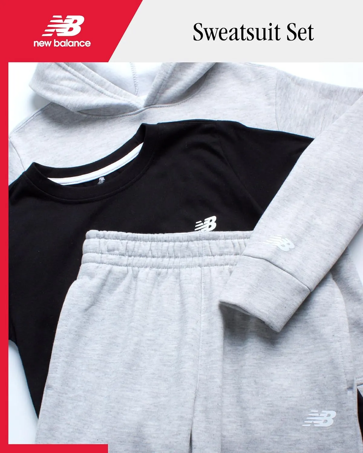 New Balance Boys' Sweatsuit Set - 3 Piece Short Sleeve T-Shirt, Fleece Hoodie Sweatshirt, and Sweatpants (2T-16)