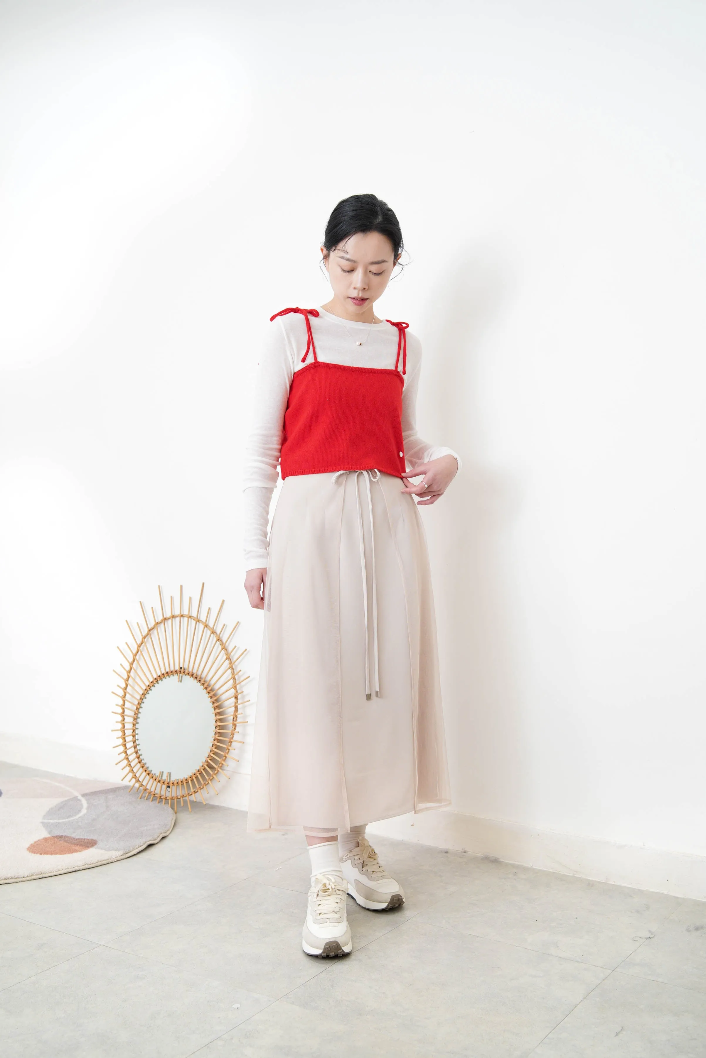 Red knit cami w/ ribbon strings