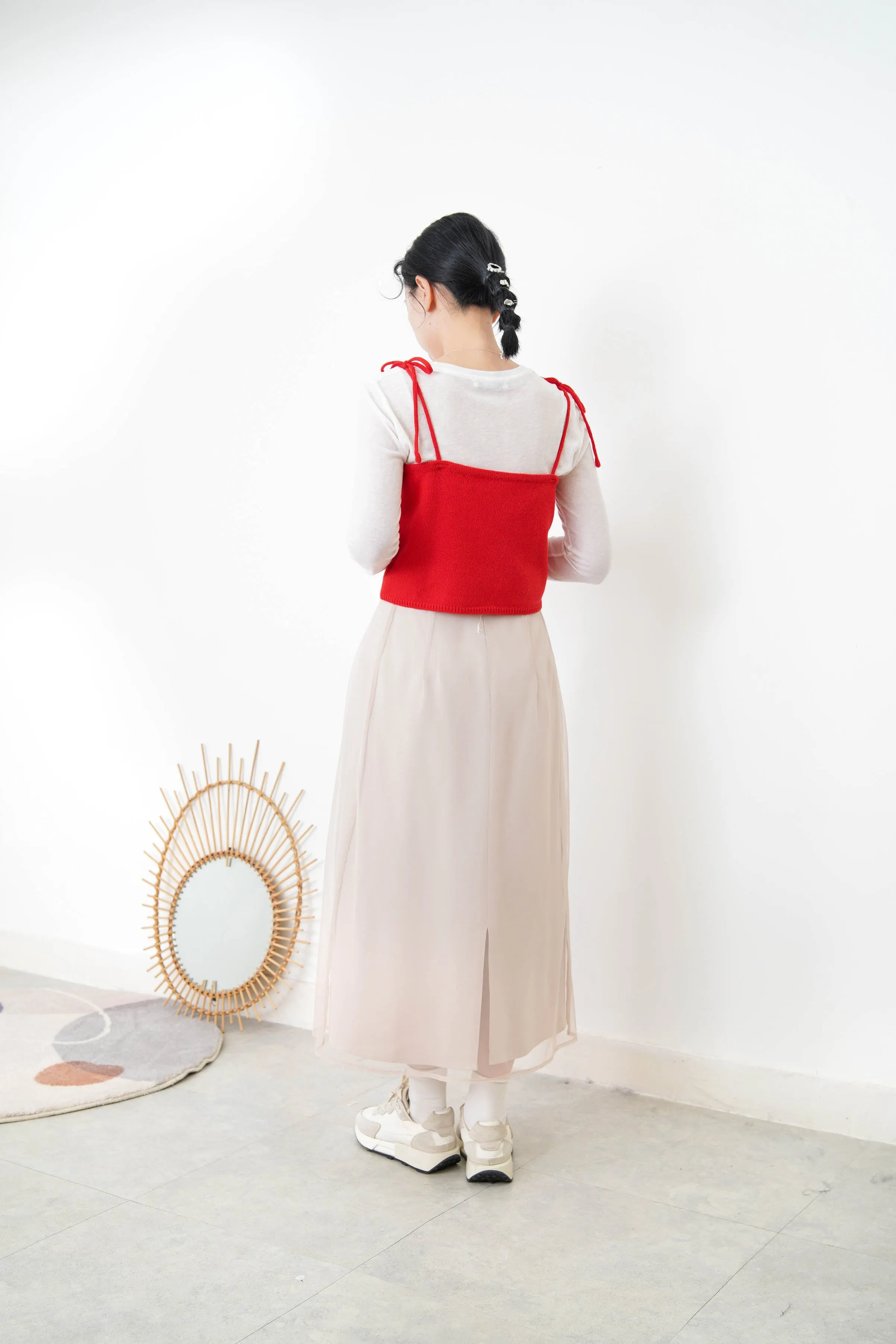 Red knit cami w/ ribbon strings