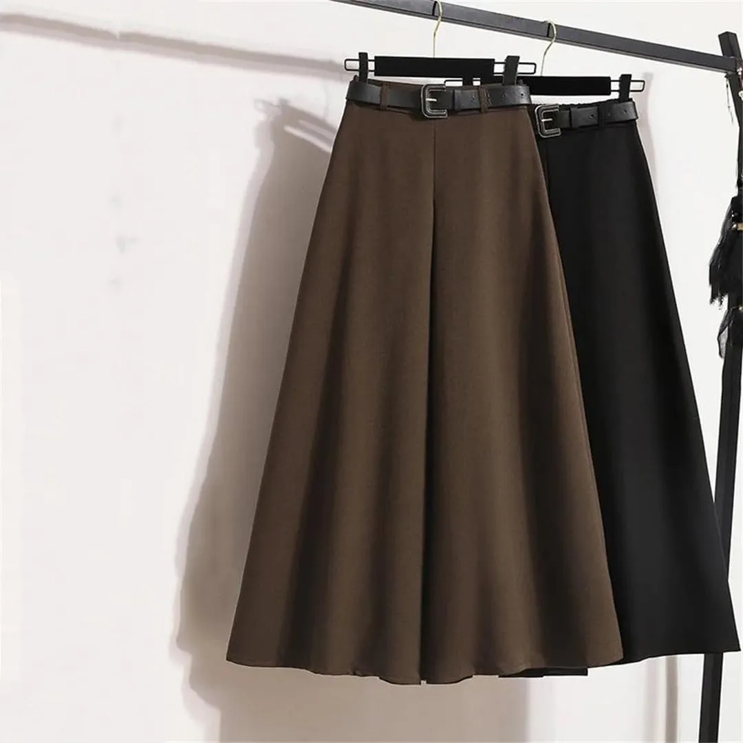 Woman Pleated Belt Skirt High Waist Mid-Calf Length Long Big Hem Skirt