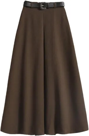 Woman Pleated Belt Skirt High Waist Mid-Calf Length Long Big Hem Skirt