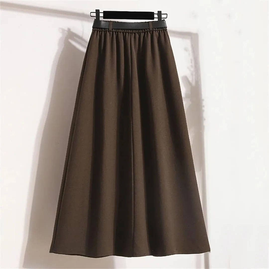 Woman Pleated Belt Skirt High Waist Mid-Calf Length Long Big Hem Skirt