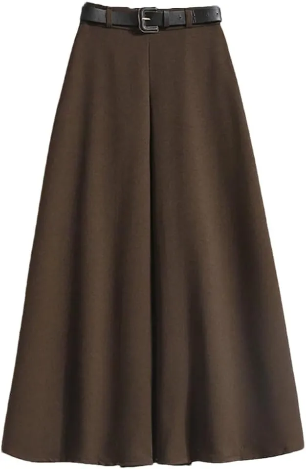 Woman Pleated Belt Skirt High Waist Mid-Calf Length Long Big Hem Skirt