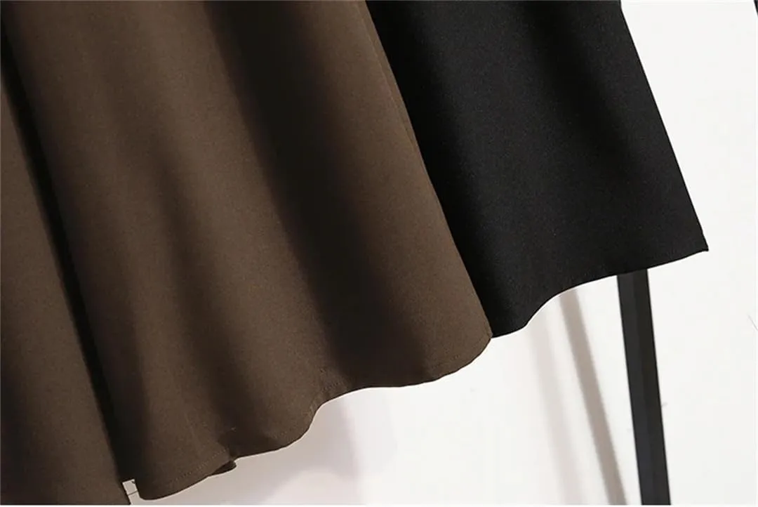 Woman Pleated Belt Skirt High Waist Mid-Calf Length Long Big Hem Skirt